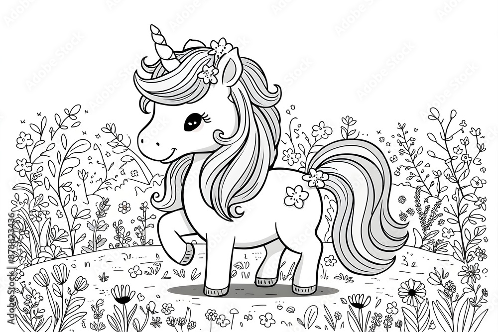 Fototapeta premium a cute unicorn with flowing mane and tail, standing in a meadow of flowers. Black and white line art, simple, easy to color. 