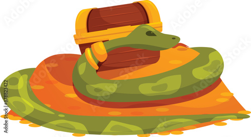 Green snake is guarding a wooden treasure chest and gold coins on a tropical island