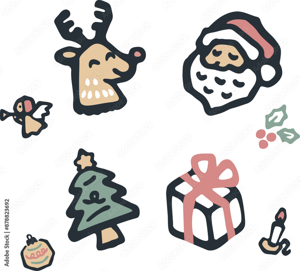 クリスマス アイコン 手描き あしらい 飾り 版画 判子 シルエット かわいい イラスト素材セット クリスマス アイコン 手描き あしらい 飾り 版画 判子 シルエット かわいい イラスト素材セット