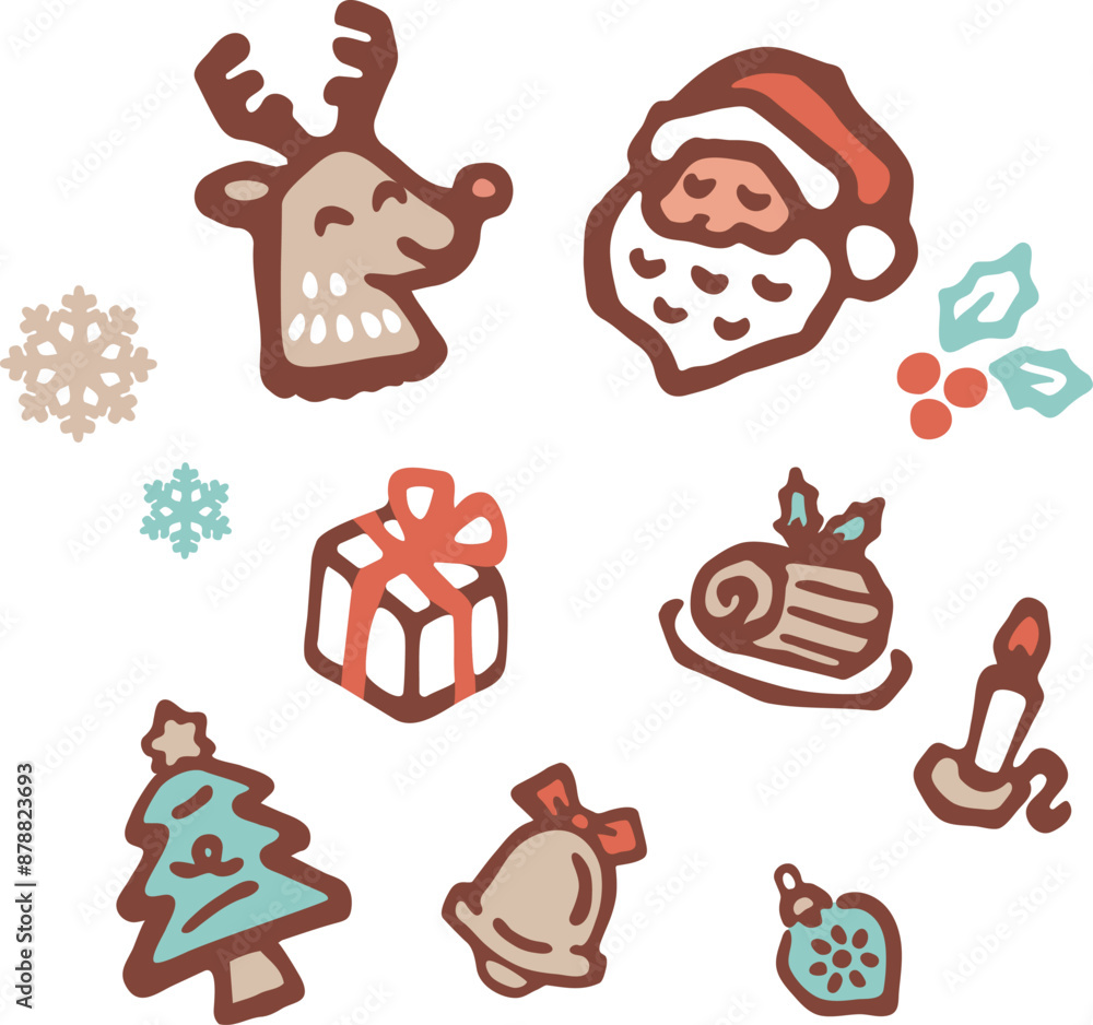 Fototapeta premium クリスマス アイコン 手描き あしらい 飾り 版画 判子 シルエット かわいい イラスト素材セット