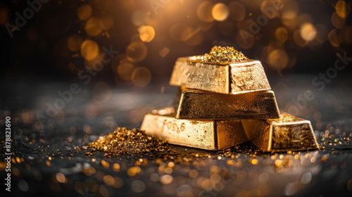 A close-up of a stack of gold bars, surrounded by shimmering golden particles, representing wealth and investment.