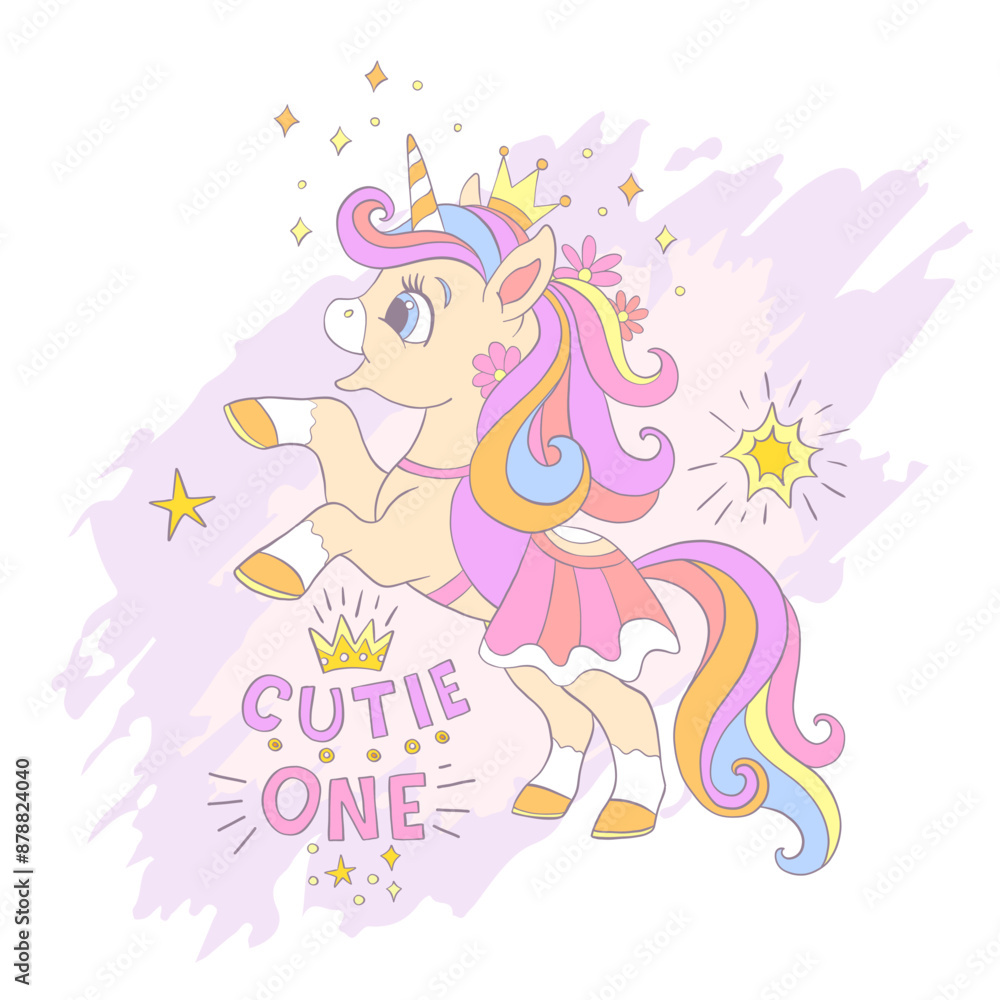 Cute unicorn with stars square card vector illustration Cute unicorn with stars square card vector illustration