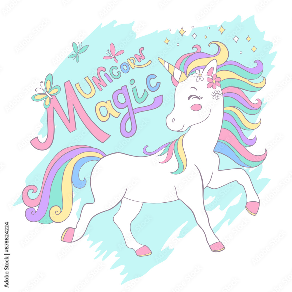Fototapeta premium Cute magic unicorn square postcard vector illustration