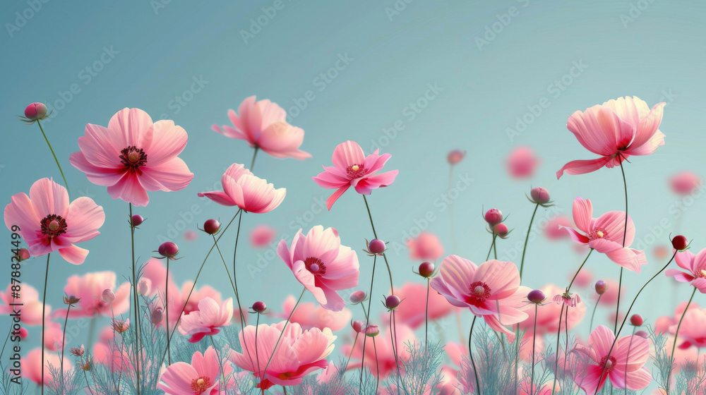 A vibrant field of pink flowers in full bloom set against a clear, blue sky on a sunny day. A vibrant field of pink flowers in full bloom set against a clear, blue sky on a sunny day.