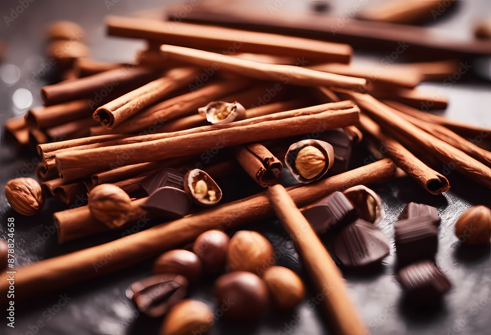Cinnamon sticks, nuts and chocolate