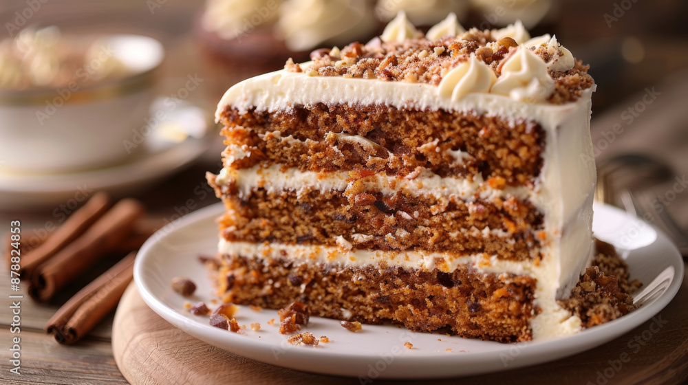 A close-up of a slice of homemade carrot cake with cream cheese frosting, served on a white plate with cinnamon sticks. A close-up of a slice of homemade carrot cake with cream cheese frosting, served on a white plate with cinnamon sticks.