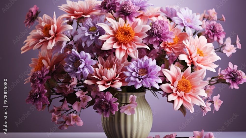 Bouquet of colorful fresh flowers in an elegant vase on a plain lilac background, for blogs, websites and print publications Bouquet of colorful fresh flowers in an elegant vase on a plain lilac background, for blogs, websites and print publications