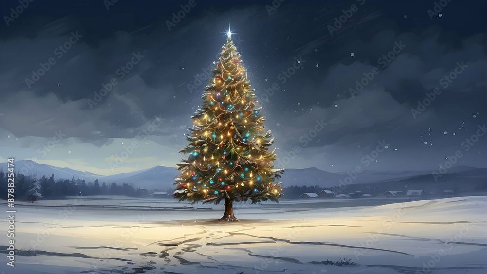 Illuminated Christmas Tree in Snowy Landscape