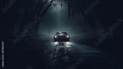 A Mysterious Car in the Middle of a Dark Rural Road photo