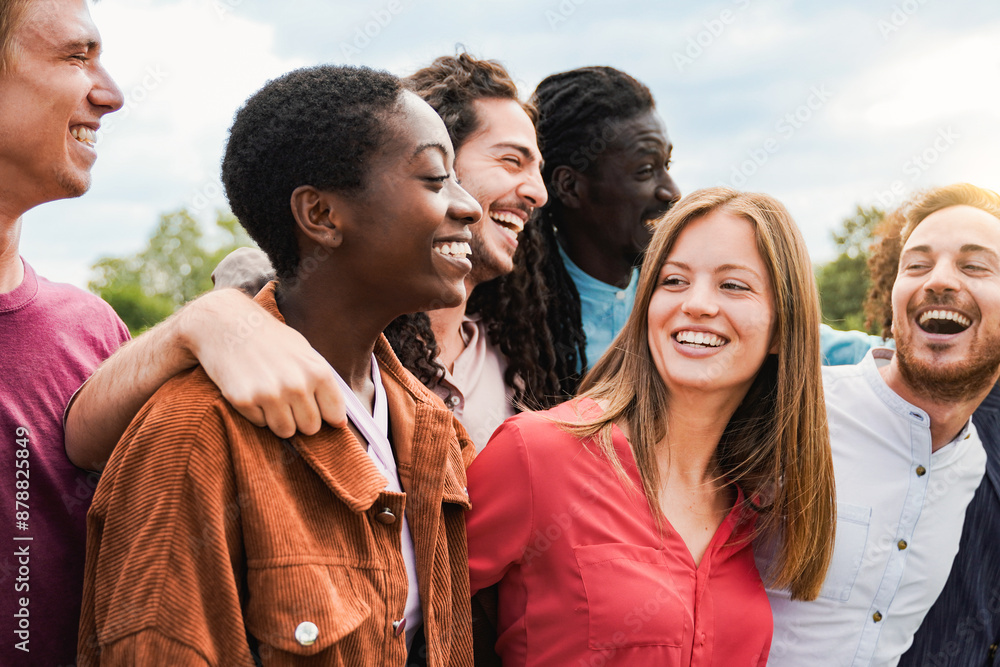 Group of friends having fun celebrating outdoors. Young diverse people enjoy summer vacations together Group of friends having fun celebrating outdoors. Young diverse people enjoy summer vacations together