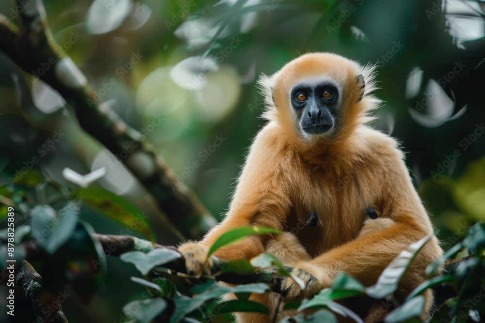 Full body view of Southern Yellow-cheeked Gibbon in natural habitat, full body shot, full body View Full body view of Southern Yellow-cheeked Gibbon in natural habitat, full body shot, full body View