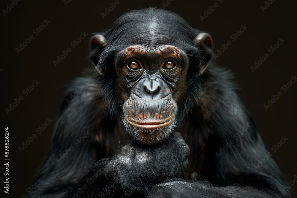 Mystic portrait of Bonobo, full body view, isolated on black background Mystic portrait of Bonobo, full body view, isolated on black background