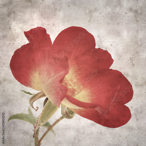 square stylish old textured paper background with single red and yellow bush rose flower photo