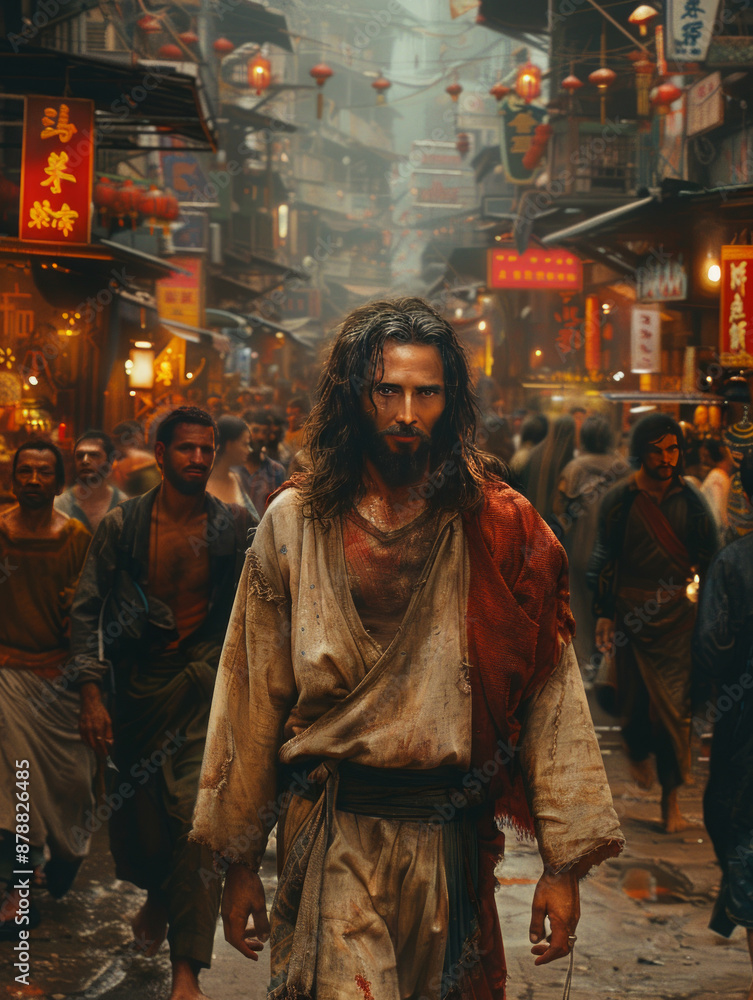 Fototapeta premium Jesus is walking down a crowded street with people around him.