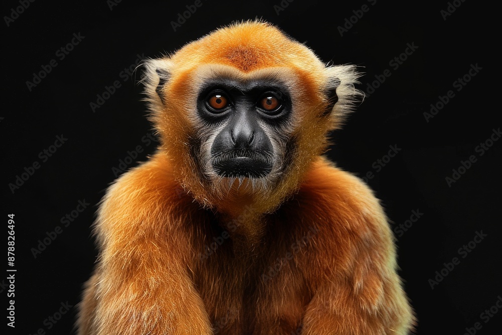 Fototapeta premium Mystic portrait of Eastern Crested Gibbon, full body view, isolated on black background