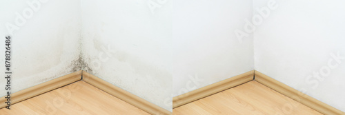 Mold in the corner of a wall above the laminate flooring, photos before and after cleaning
