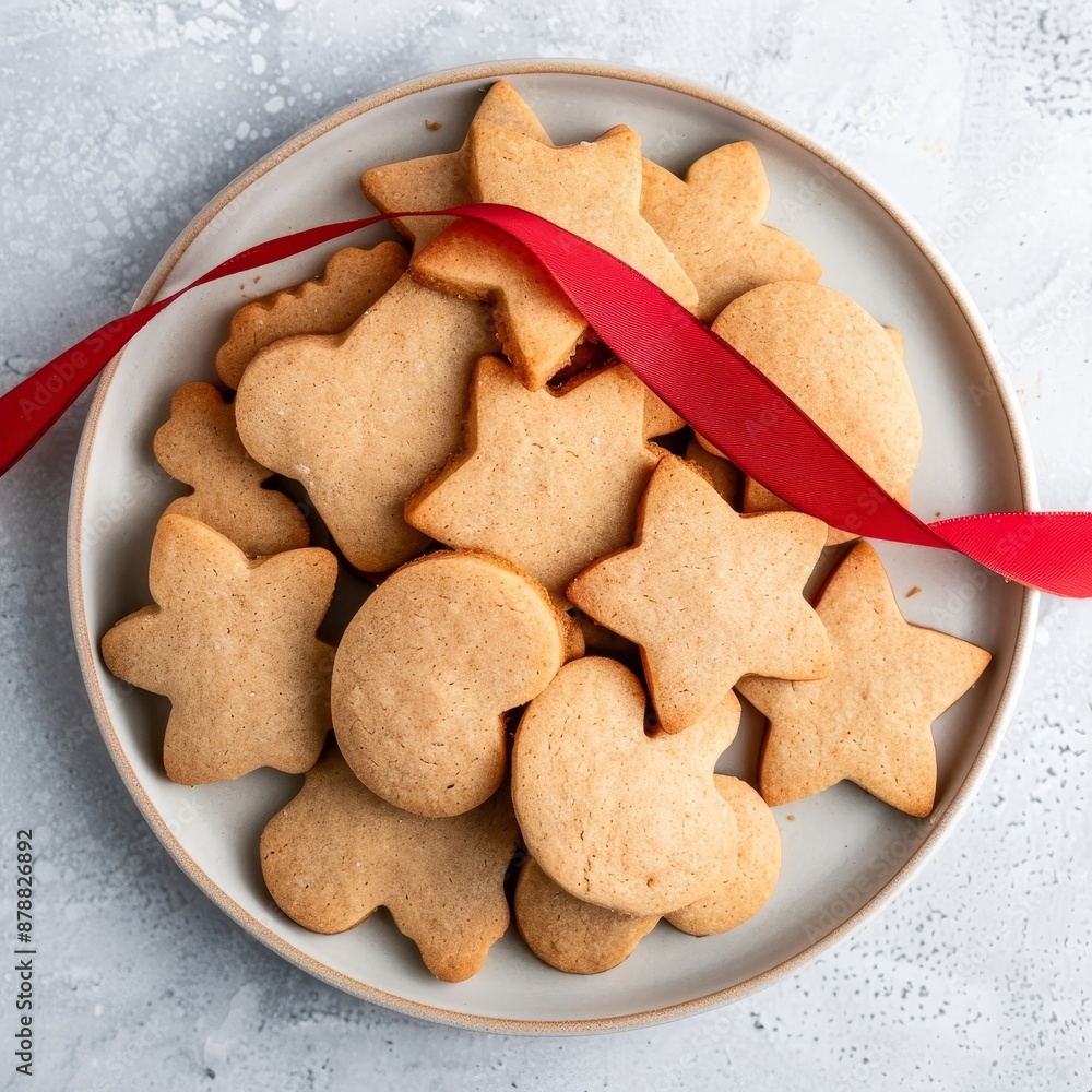 Assorted gingerbread cookies on plate with minimalist focus on shapes and holiday decoration Assorted gingerbread cookies on plate with minimalist focus on shapes and holiday decoration