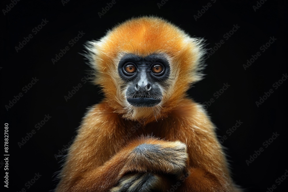 Fototapeta premium Mystic portrait of Northern White-cheeked Gibbon, full body view, isolated on black background