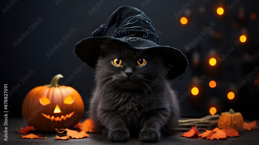 Cute black cat with a witch's hat next to a Halloween Jack o lantern pumpkin Dark Halloween background Generative ai Cute black cat with a witch's hat next to a Halloween Jack o lantern pumpkin Dark Halloween background Generative ai