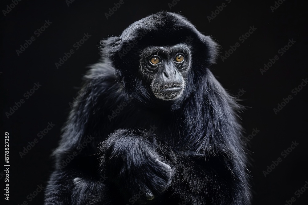 Fototapeta premium Mystic portrait of Siamang, full body view, isolated on black background