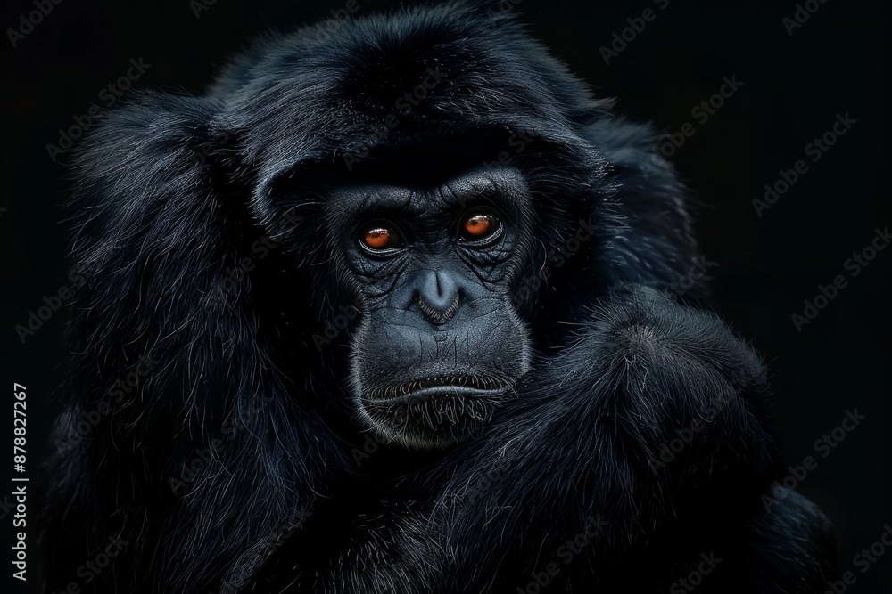 Mystic portrait of Siamang, full body view, isolated on black background Mystic portrait of Siamang, full body view, isolated on black background