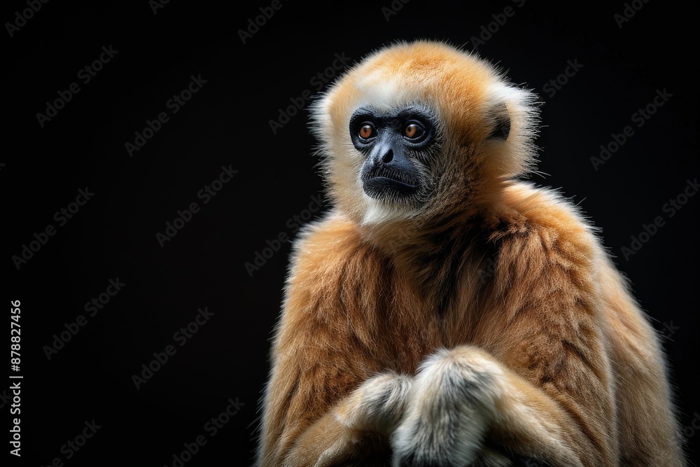 Obraz premium Mystic portrait of Southern Yellow-cheeked Gibbon, full body view, isolated on black background