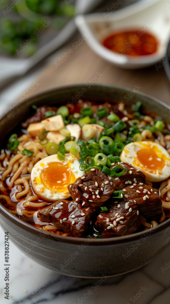 A Bowl of Spicy Korean Beef Noodles With Cilantro and Sesame Seeds A Bowl of Spicy Korean Beef Noodles With Cilantro and Sesame Seeds