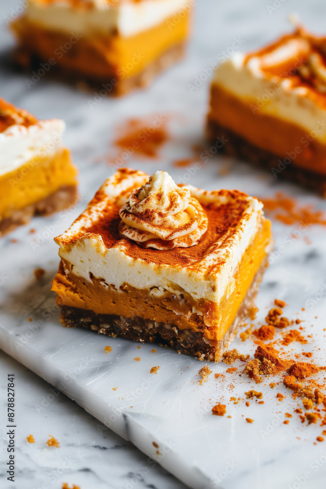 Swirling Pumpkin Cheesecake Bars on a Marble Slab Swirling Pumpkin Cheesecake Bars on a Marble Slab