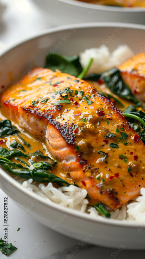 A Close-Up View of Golden-Crusted Salmon Served Over Fluffy White Rice and Saut?ed Spinach A Close-Up View of Golden-Crusted Salmon Served Over Fluffy White Rice and Saut?ed Spinach