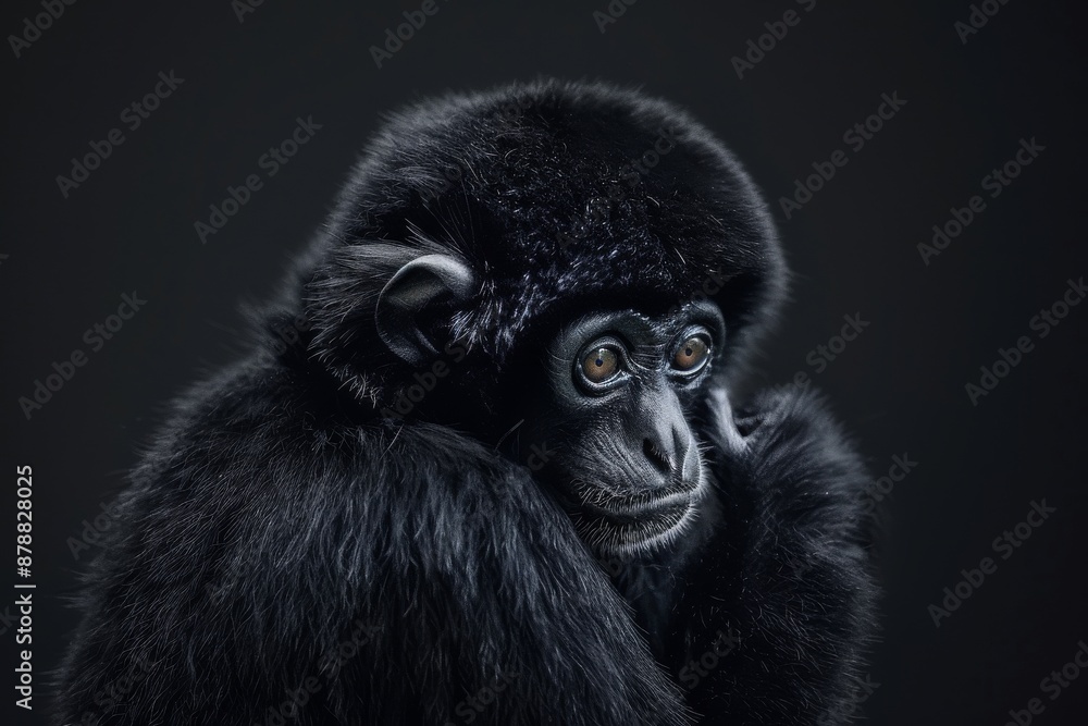 Obraz premium the beside view Black Crested Gibbon, left side view, isolated on black background