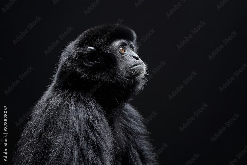 Fototapeta premium the beside view Black Crested Gibbon, left side view, isolated on black background