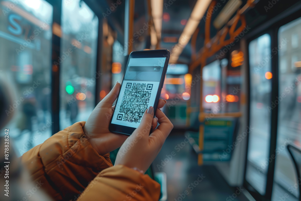 A Commuter's Digital Passport: A Person Scans a QR Code on Their Phone During a Busy Bus Ride A Commuter's Digital Passport: A Person Scans a QR Code on Their Phone During a Busy Bus Ride