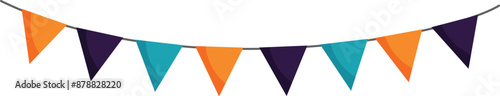 String of colorful triangular flags is hanging on a rope to celebrate a festive occasion