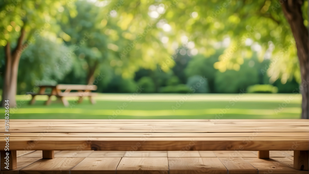 Wooden surface with blurred park background Wooden surface with blurred park background