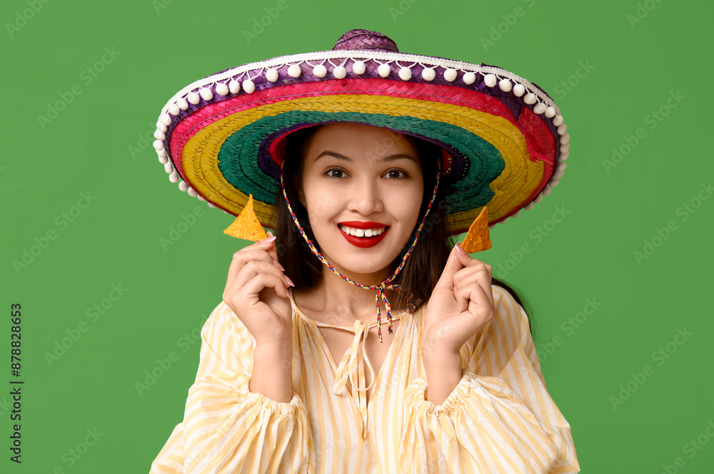 Portrait of young woman with sombrero and tortilla chips on green background. National Tortilla Chip Day celebration Portrait of young woman with sombrero and tortilla chips on green background. National Tortilla Chip Day celebration
