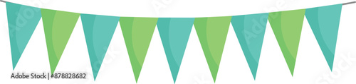 Green and blue party flags hanging on string decoration for holiday or birthday