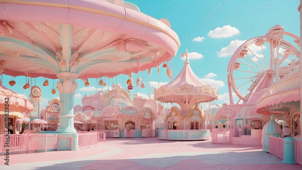 Pastel pink theme park with carousel and ferris wheel Stock ...