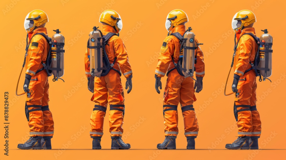 Four firefighters in full orange gear with oxygen tanks, standing in side view, ready for emergency response. Four firefighters in full orange gear with oxygen tanks, standing in side view, ready for emergency response.