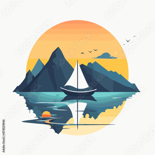 Sailing boat on the sea at sunset. Vector illustration in flat style