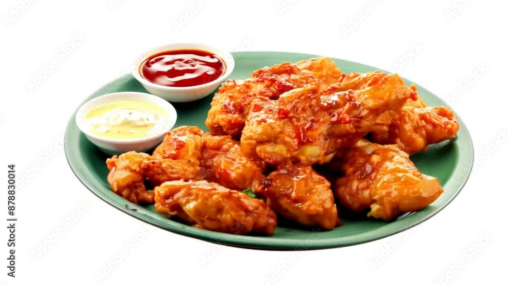 Air fryer chicken wings glazed with hot chilli sauce and served with different sauces. isolated on white background . top view Air fryer chicken wings glazed with hot chilli sauce and served with different sauces. isolated on white background . top view