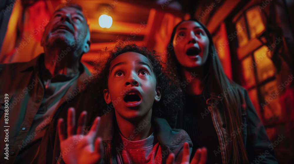 Obraz premium Family with children with scared and suspenseful expressions of terror on Halloween
