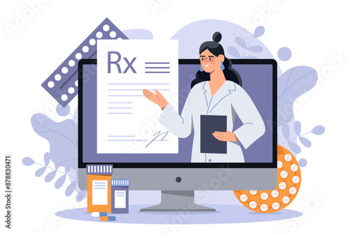 Online doctor concept. Distant consultation and medical assistance. Health care and medicine. Diagnosis and treatment. Cartoon flat vector illustration isolated on white background