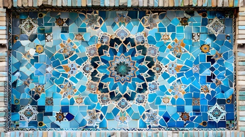 Traditional Persian mosaic wall with geometric ornament in square frame featuring ceramic tiles in blue cyan brown and white colors Mock up template for text photo