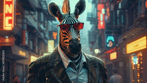 An anthropomorphic zebra dressed in a vintage suit with red sunglasses stands in a neon-lit urban alleyway, blending the worlds of wildlife and bustling city life.