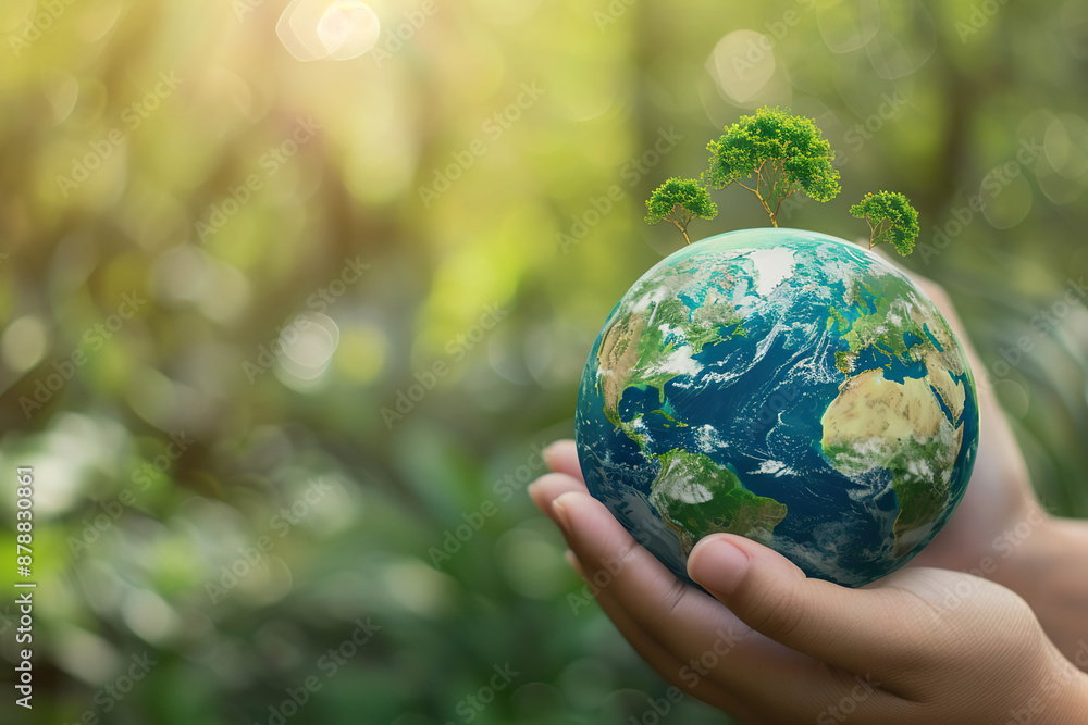 Hands holding a globe with small trees on top against a blurred green background. Generated by AI. Hands holding a globe with small trees on top against a blurred green background. Generated by AI.