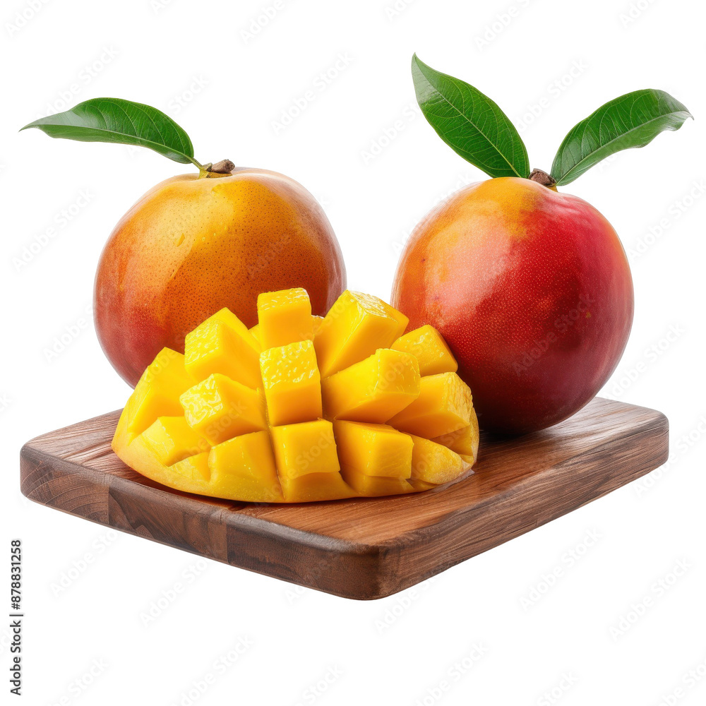 Whole and Sliced Mangoes, Whole mangoes and sliced pieces on wooden board, Fresh and Juicy on a transparent background. Whole and Sliced Mangoes, Whole mangoes and sliced pieces on wooden board, Fresh and Juicy on a transparent background.