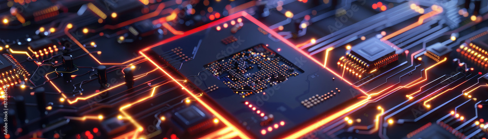 High-Tech Circuit Board with Glowing Elements and Microchips in Futuristic Technology Background High-Tech Circuit Board with Glowing Elements and Microchips in Futuristic Technology Background