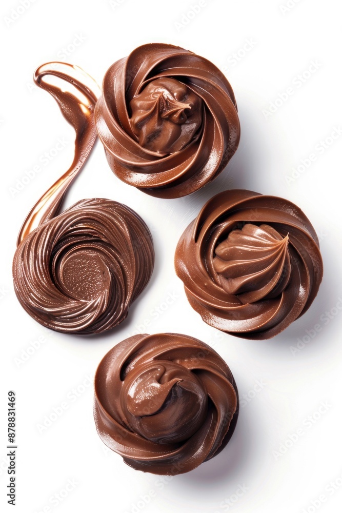 Three delicious-looking chocolate frosted cupcakes on a white surface, ideal for food photography or social media posts Three delicious-looking chocolate frosted cupcakes on a white surface, ideal for food photography or social media posts