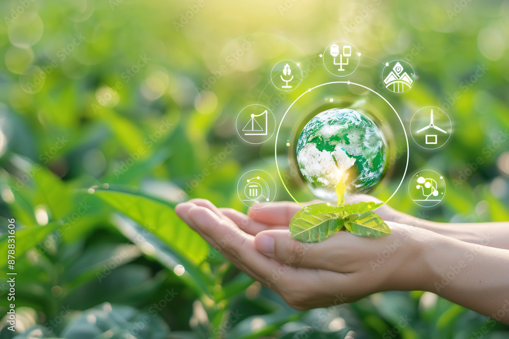 A pair of hands holding a sprout with a globe and green eco icons, symbolizing a commitment to sustainable practices. Generated by AI. A pair of hands holding a sprout with a globe and green eco icons, symbolizing a commitment to sustainable practices. Generated by AI.