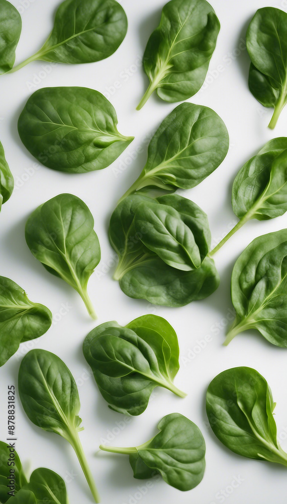 A selection of fresh spinach and other greens arranged on a clean white surface A selection of fresh spinach and other greens arranged on a clean white surface
